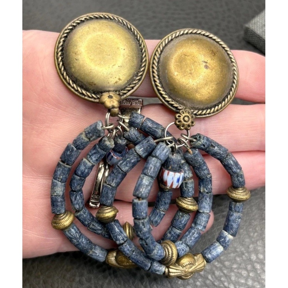 Vintage 80s Huge Statement Boho Bead Hoop Dangle Drop Clip Earrings Gold Tone